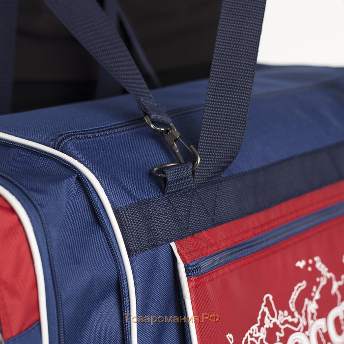 Сумка спортивная на молнии, с увеличением, 3 наружных кармана, длинный ремень, большой размер, цвет синий/красный