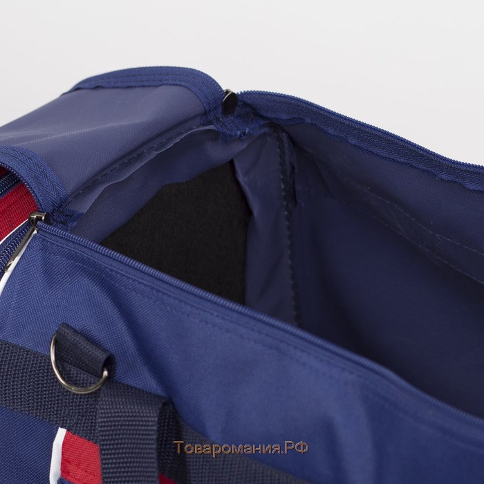 Сумка спортивная на молнии, с увеличением, 3 наружных кармана, длинный ремень, большой размер, цвет синий/красный