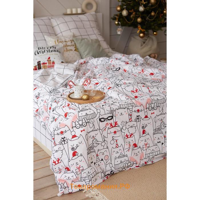 Постельное белье новогоднее  1.5 сп Xmas cat 143*215 см, 150*214 см, 70*70 см - 2 штуки