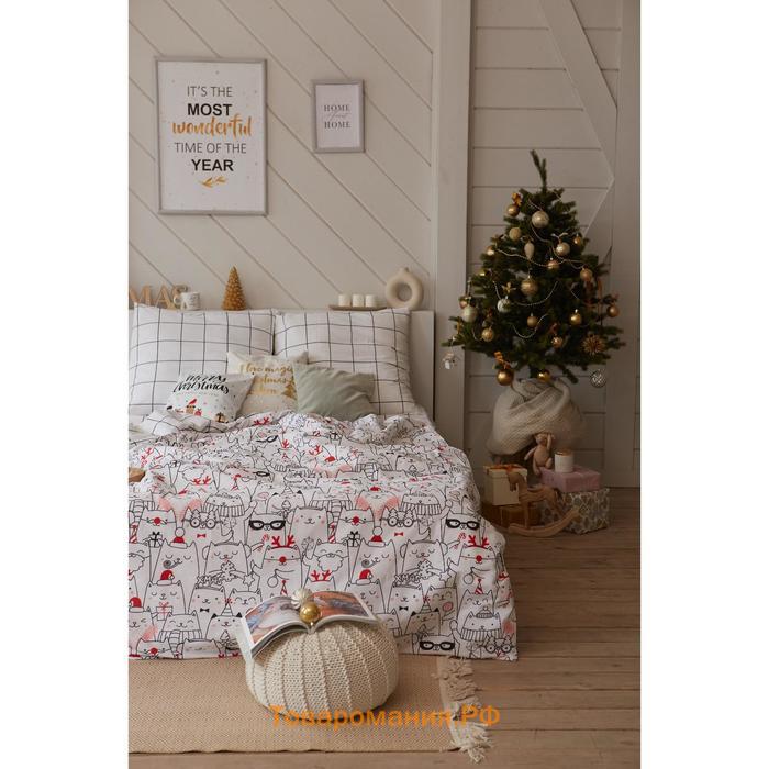 Постельное белье новогоднее  1.5 сп Xmas cat 143*215 см, 150*214 см, 70*70 см - 2 штуки