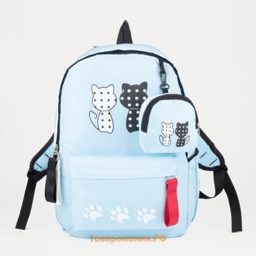Рюкзак школьный из текстиля, 3 кармана, кошелёк, цвет голубой