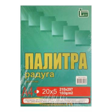 Бумага цветная А4, «Палитра», 100 листов, интенсив, 160г/м², 5 цветов